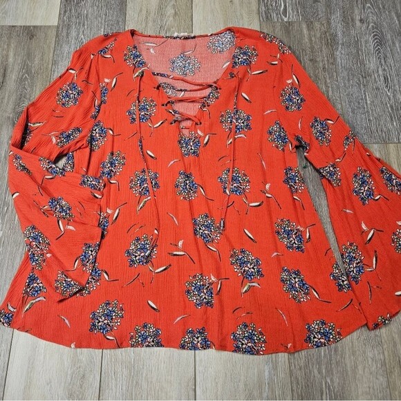 Anthropologie Tops - Anthropolgie Oddy Micro Floral Flare Bell Sleeve Blouse Lace Up Women's Medium